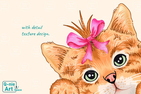 Cute Brown Peeking Cat with Ribbon Illustration, Kitten Clipart Sublimation Q-nie Art Space 
