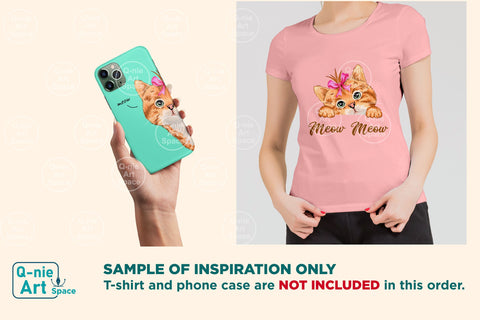 Cute Brown Peeking Cat with Ribbon Illustration, Kitten Clipart Sublimation Q-nie Art Space 