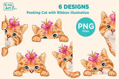 Cute Brown Peeking Cat with Ribbon Illustration, Kitten Clipart Sublimation Q-nie Art Space 