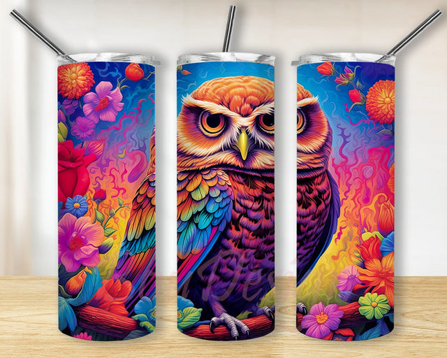Cute Burrowing Owl 20oz Skinny Tumbler Png, Owl Flowers Tumbler, Vibrant Colors Tumbler, Colorful Flowers Png, Beautiful Cute Baby Owl Framed Vector Flowers, Owl Animal Design Sublimation BouDesign 