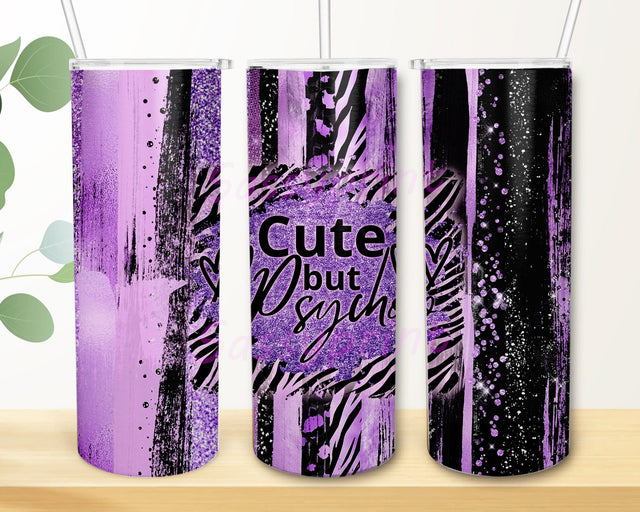 Cute But Psycho 20oz Skinny Tumbler, Purple Glitter Tumbler Png, Tumbler With Lid And Straw, Digital Download Sublimation sassyprint 