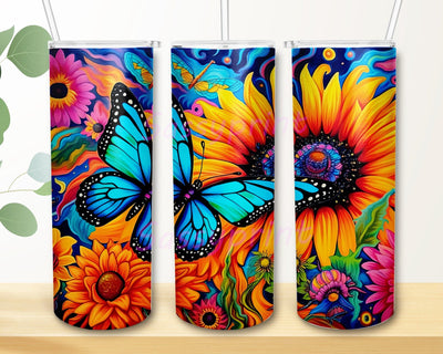 Cute Butterfly And Sunflowers 20oz Skinny Tumbler Png, Colorful Flowers Tumbler, Vibrant Colors Tumbler, Flower Tumbler Design, Butterfly Sunflowers Tumbler Sublimation sassyprint 