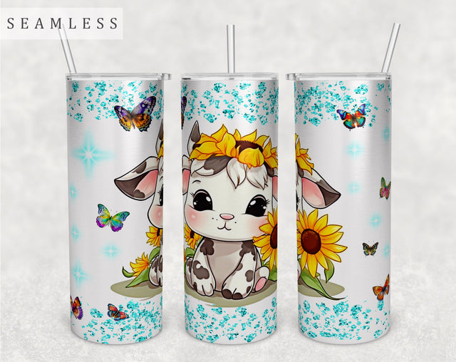 Cute Calf Tumbler Wrap, 20oz Skinny Tumbler Sublimation Design, Calf With Sunflowers Tumbler PNG Sublimation HappyDesignStudio 