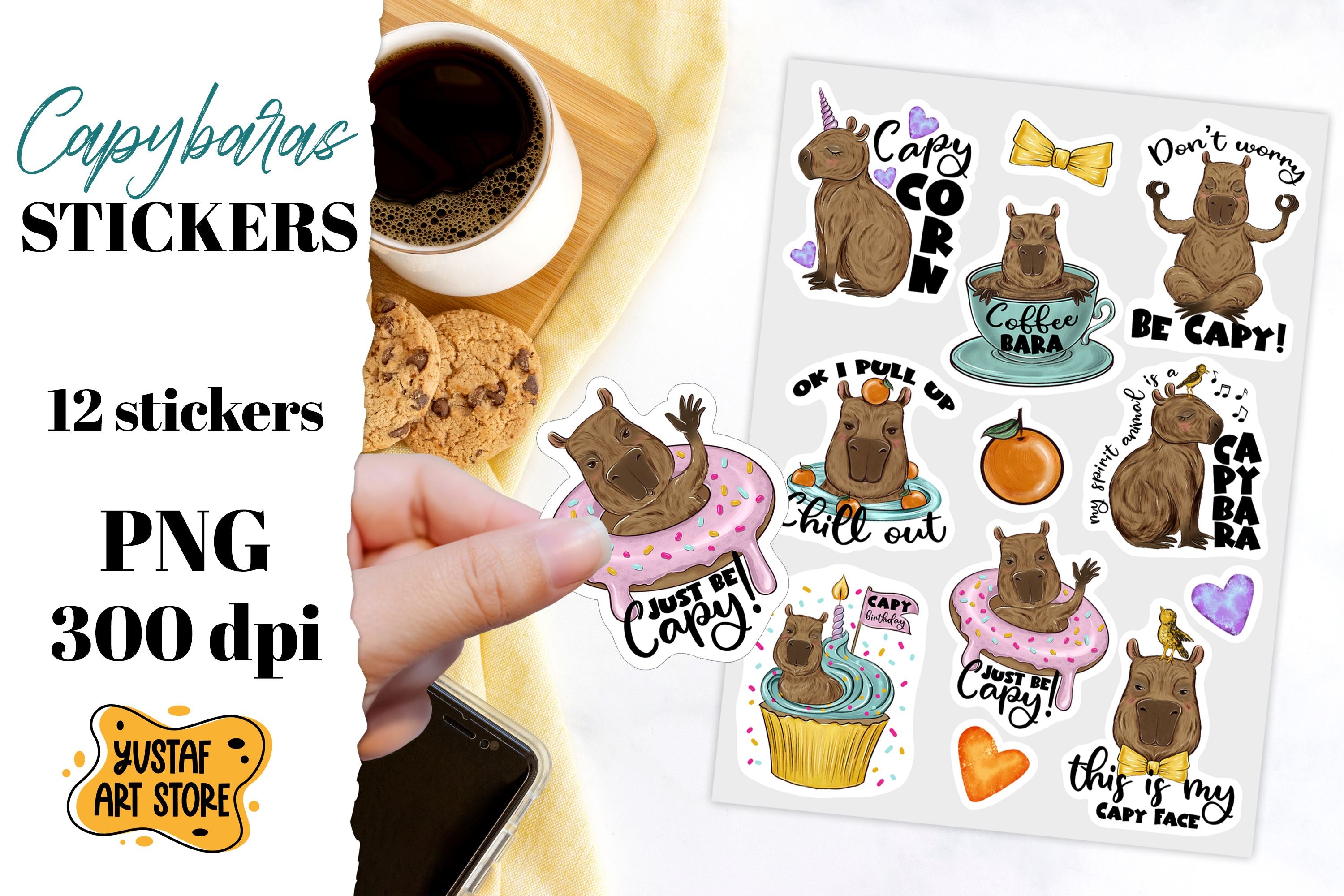 Cute capybara stickers sheet. 12 funny sticker PNG - So Fontsy