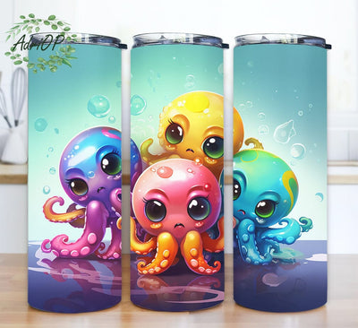 Cute Cartoon Chibi Octopuses 20oz Skinny Tumbler Png, Baby Chibi Octopuses Tumbler, Cute Baby Octopus With Sea Tumbler, Cute Sea Sublimation Sublimation AdriOP 