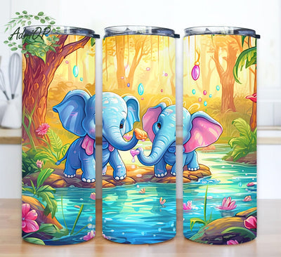 Cute Cartoon Elephants 20oz Skinny Tumbler Png, Cartoon Elephants Playing With Each Other And At A Creek, Cute Baby Elephant Cartoon Tumbler Sublimation AdriOP 