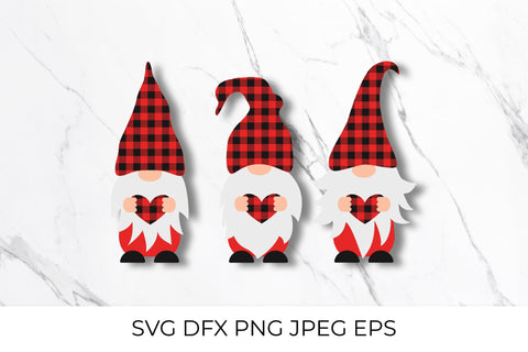 Cute cartoon gnomes holding heart. Red buffalo plaid SVG LaBelezoka 