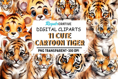 Cute Cartoon Tiger Watercolor Clipart Sublimation Regulrcrative 
