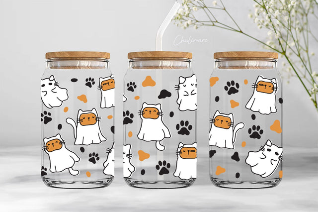 Cute Cat Ghost Svg 16oz Glass Can Wrap ,Thanksgiving Libbey Can Glass Wrap, Halloween can glass Digital Pattern ChuliArt 