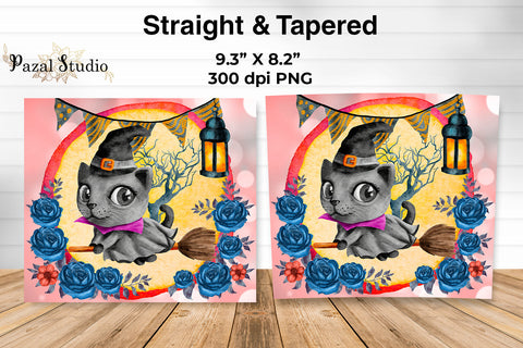 Cute Cat Witch on Broom Halloween Skinny Tumbler Wrap Design 20 oz Sublimation Pazal Studio 