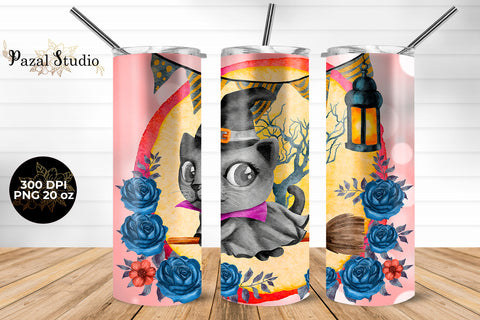 Cute Cat Witch on Broom Halloween Skinny Tumbler Wrap Design 20 oz Sublimation Pazal Studio 