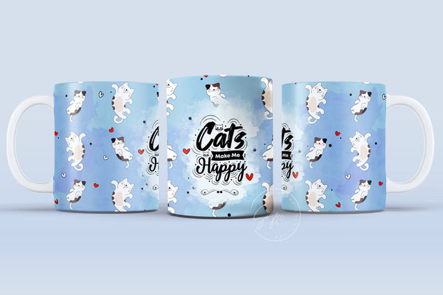 Cute Cats Mug Design, Cats Make Me Happy, Cute Cats Wrap, Cat Lover Gift Ideas, Cat Mug Wrap, 11 & 15 Oz Mug Cricut Press Sublimation Wrap Sublimation Syre Digital Creations 