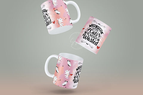Cute Cats Mug, Time Spent With Cats Is Never Wasted, Cute Cats Sublimation Wrap, Cat Mug Wrap, 11 & 15 Oz Mug Cricut Sublimation Wrap Sublimation Syre Digital Creations 