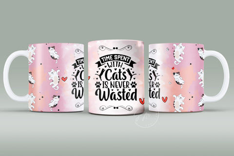 Cute Cats Mug, Time Spent With Cats Is Never Wasted, Cute Cats Sublimation Wrap, Cat Mug Wrap, 11 & 15 Oz Mug Cricut Sublimation Wrap Sublimation Syre Digital Creations 