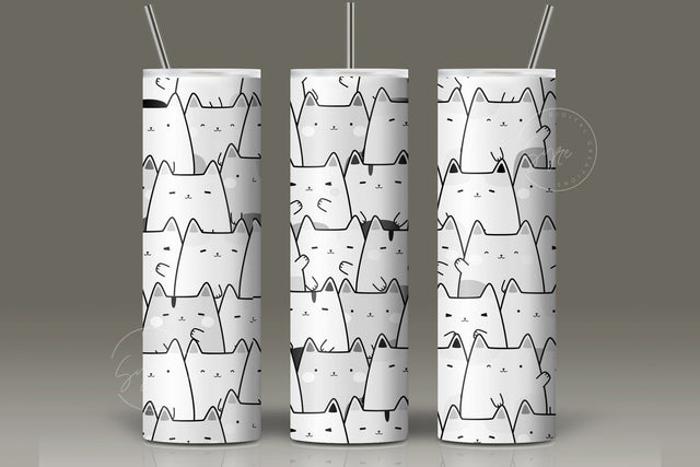 Cute Cats Skinny Tumbler Design, 20 oz Cute Cats Tumbler Wrap, Cute Cats Sublimation Wrap, Black and White Design, Skinny Travel Tumbler Sublimation Syre Digital Creations 