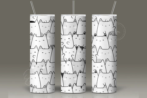 Cute Cats Skinny Tumbler Design, 20 oz Cute Cats Tumbler Wrap, Cute Cats Sublimation Wrap, Black and White Design, Skinny Travel Tumbler Sublimation Syre Digital Creations 