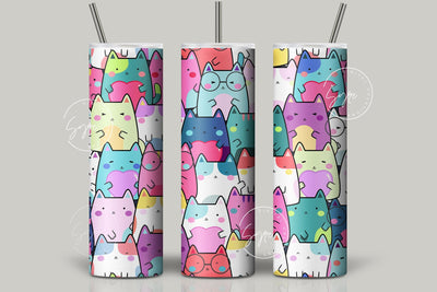 Cute Cats Skinny Tumbler Design, 20 oz Rainbow Cat Tumbler Wrap, Cute Cats Sublimation Wrap, Commercial Use Included, Skinny Travel Tumbler Sublimation Syre Digital Creations 