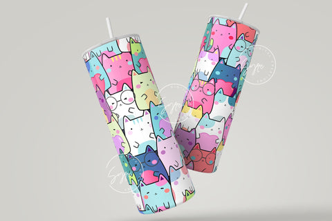 Cute Cats Skinny Tumbler Design, 20 oz Rainbow Cat Tumbler Wrap, Cute Cats Sublimation Wrap, Commercial Use Included, Skinny Travel Tumbler Sublimation Syre Digital Creations 