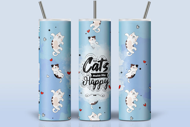 Cute Cats Skinny Tumbler Design, Cats Make Me Happy Print, 20 oz Cute Cats Tumbler Wrap, Funny Cat Text Sublimation, Skinny Travel Tumbler Sublimation Syre Digital Creations 
