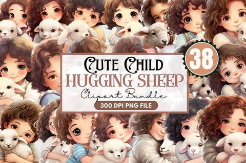 Cute Child Hugging Sheep Clipart Sublimation Regulrcrative 