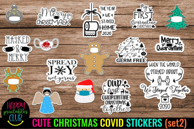 Cute Christmas COVID Stickers- Christmas Quarantine Stickers SVG Happy Printables Club 