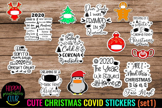 Cute Christmas COVID Stickers- Christmas Quarantine Stickers SVG Happy Printables Club 