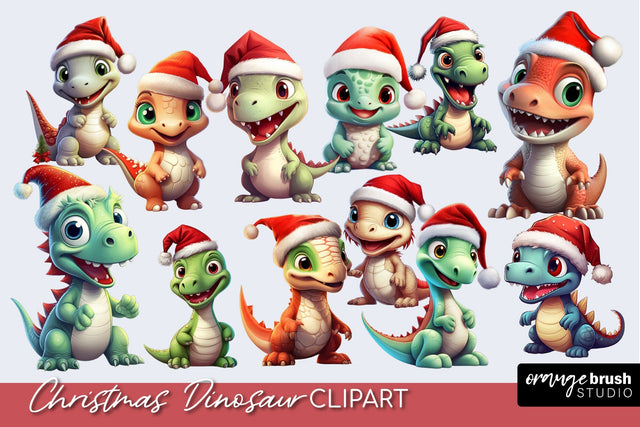 Cute Christmas Dinosaur Clipart Bundle - Dino with Santa Hat Sublimation OrangeBrushStudio 