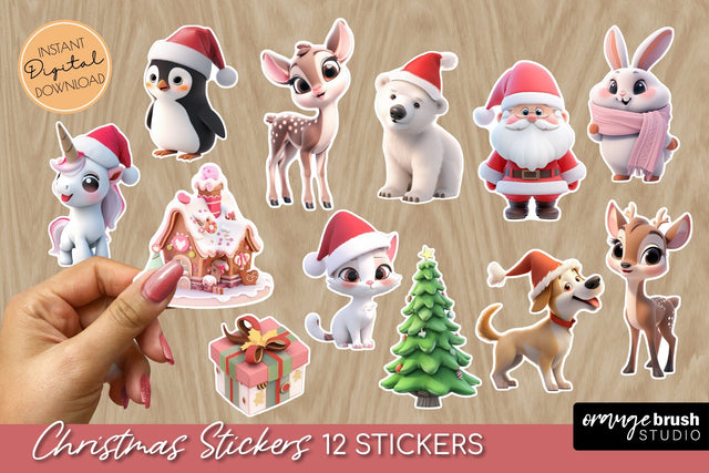 Cute Christmas Stickers Bundle, Printable PNG Stickers Sublimation OrangeBrushStudio 