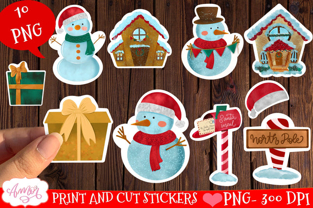 Cute Christmas stickers for print then cut on Cricut, 10 PNG SVG Amorclipart 