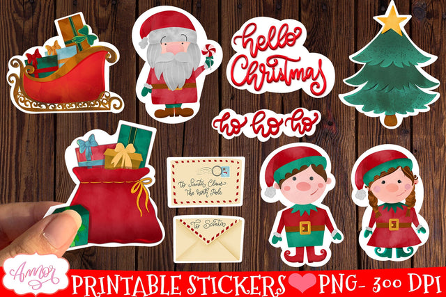 Cute Christmas stickers for print then cut on Cricut, 10 PNG SVG Amorclipart 