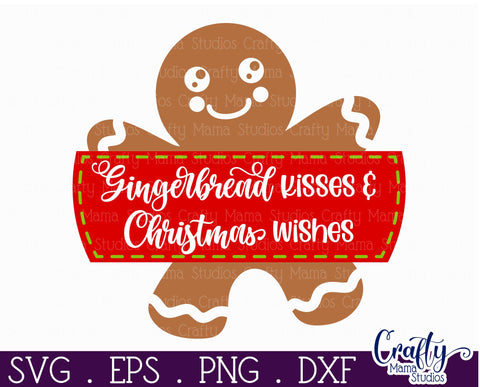 Cute Christmas Svg Round Sign | Gingerbread Kisses Door Sign SVG Crafty Mama Studios 