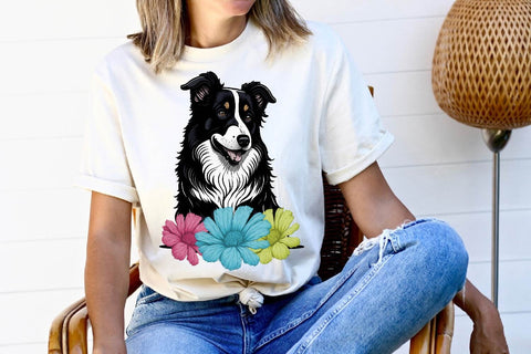Cute Collie Dogs With Flowers Bundle, Sublimation PNG Free For Commercial Use Sublimation Sintegra 