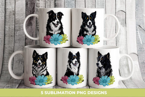 Cute Collie Dogs With Flowers Bundle, Sublimation PNG Free For Commercial Use Sublimation Sintegra 