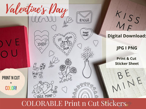 Cute Colorable Valentines Day Print and Cut Stickers, Printable Sticker Sheet, Print n Cut Stickers, Sticker Sheet for Silhouette/Cricut SVG Alexis Glenn 