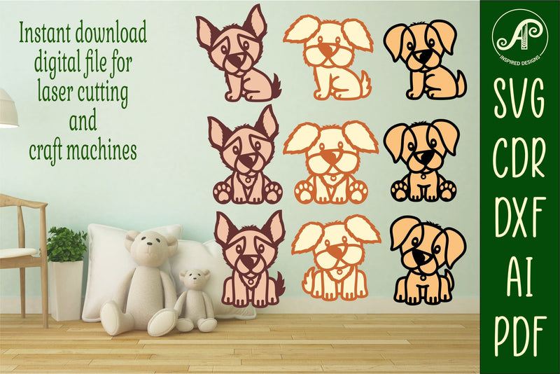 Cute Dog laser cut file shapes. 3 Dogs in 3 positions, SVG - So Fontsy