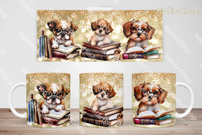 Cute Dogs With Books PNG Sublimation, 11Oz Mug Png Sublimation _HelArtShop_ 