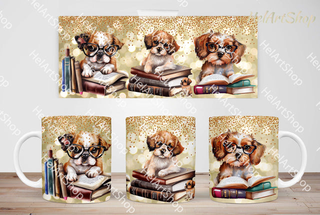 Cute Dogs With Books PNG Sublimation, 11Oz Mug Png Sublimation _HelArtShop_ 