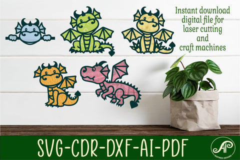 Cute Dragon laser cut file shapes. 5 two layer shapes SVG APInspireddesigns 