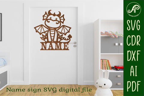 Cute Dragon Name sign svg laser cut template, wall art SVG APInspireddesigns 