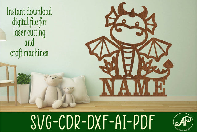 Cute Dragon Name sign svg laser cut template, wall art SVG APInspireddesigns 
