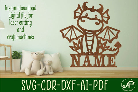 Cute Dragon Name sign svg laser cut template, wall art SVG APInspireddesigns 