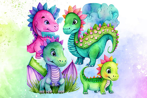 Cute Dragons Watercolor Set Clip Art PNG Sublimation Rupkotha 