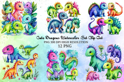 Cute Dragons Watercolor Set Clip Art PNG Sublimation Rupkotha 