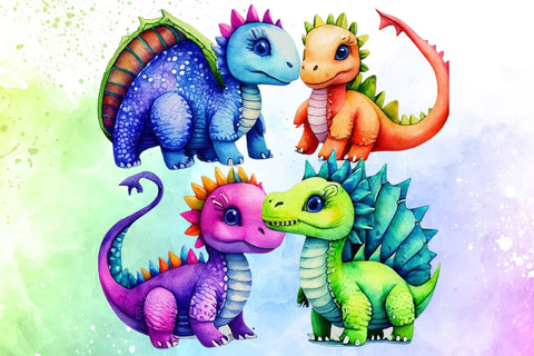 Cute Dragons Watercolor Set Clip Art PNG Sublimation Rupkotha 