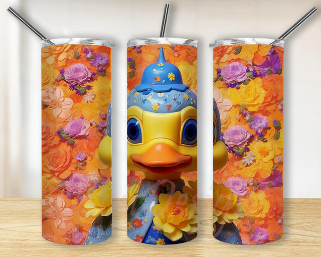 Cute Duck With Yellow Flowers 20oz Skinny Tumbler Png, Duck Yellow Flowers Tumbler, Yellow Duck With Autumn Tumbler, Funny Yellow Duck Tumbler, Bubble Duck Tumbler Sublimation BouDesign 