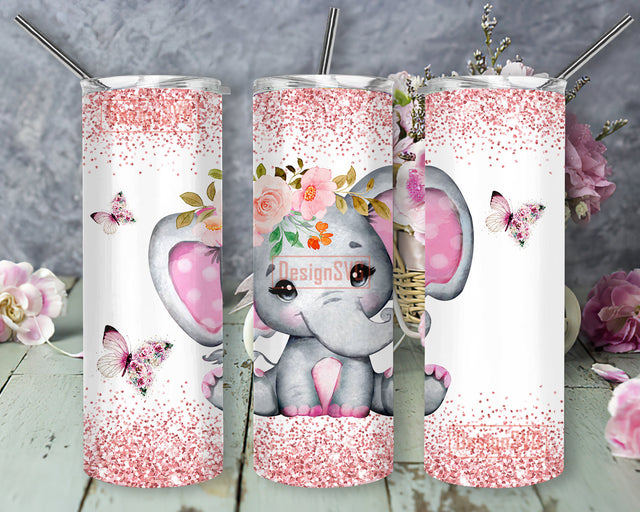 Cute Elephant 20oz Tumbler Wrap, Elephant Glitter Tumbler Png, Elephant Floral Skinny Tumbler, Elephant Sublimation Png, Instant Download Sublimation DesignSVG 