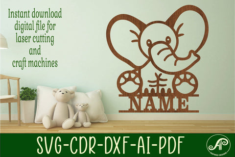 Cute Elephant Name sign svg laser cut template, wall art SVG APInspireddesigns 