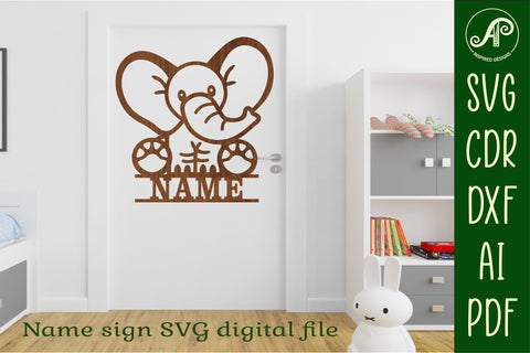 Cute Elephant Name sign svg laser cut template, wall art SVG APInspireddesigns 