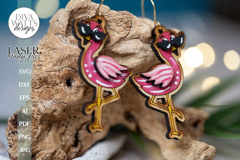 Cute Flamingo Earrings Glowforge SVG Laser Flamingo With Sunglasses Earrings Laser File Cute Flamingo Jewelry For Laser SVG Diva Watts Designs 