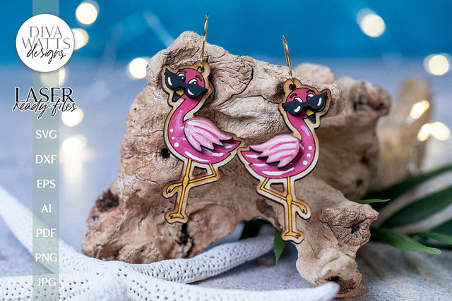 Cute Flamingo Earrings Glowforge SVG Laser Flamingo With Sunglasses Earrings Laser File Cute Flamingo Jewelry For Laser SVG Diva Watts Designs 